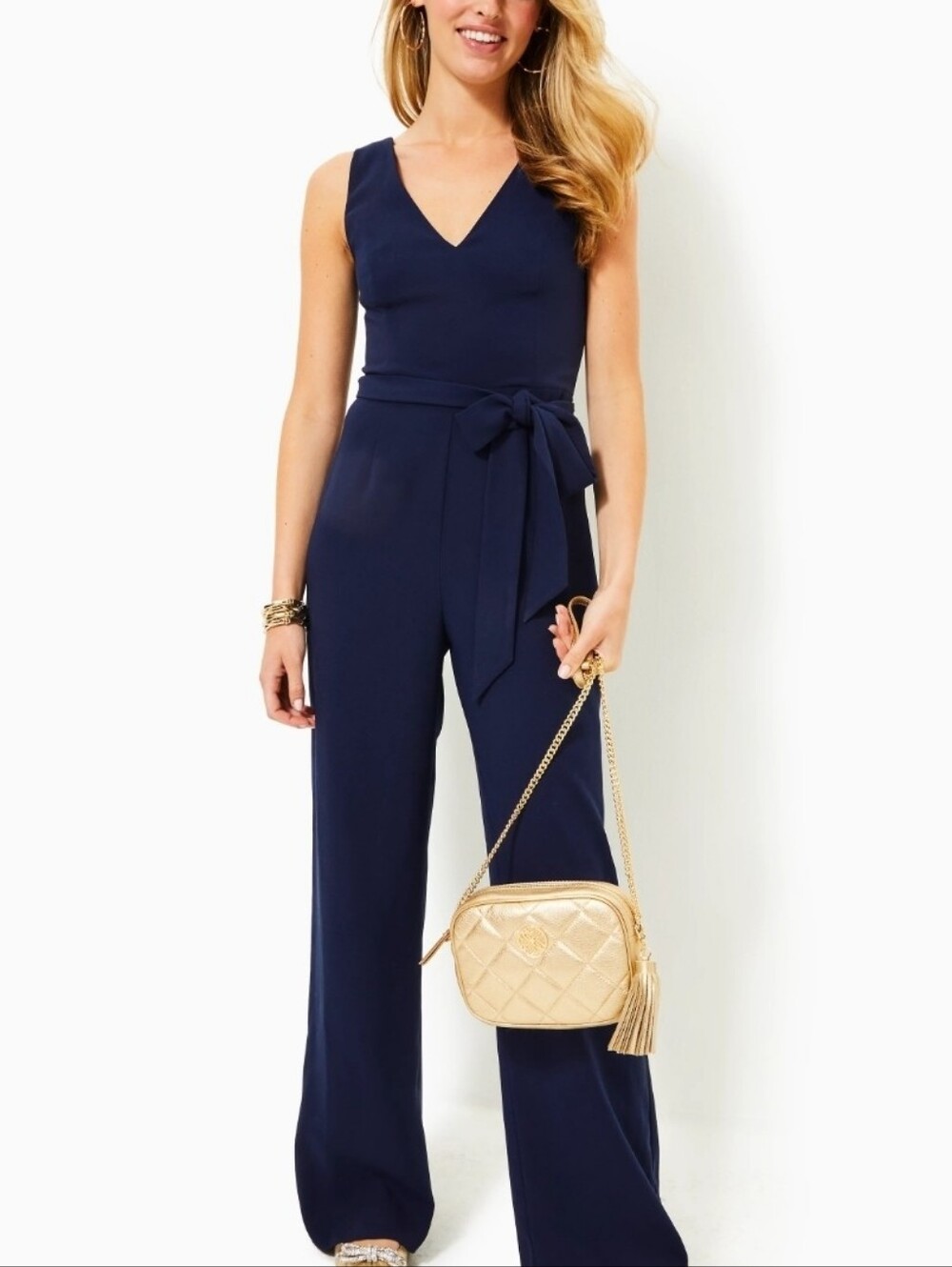 Lilly Pulitzer Jannah Jumpsuit 4 True Navy Blue Crepe V-Neck Wide Leg Belted